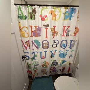 Colorful Alphabet Animal Shower Curtain, Clear Curtain & 3 Blue Bath Mats